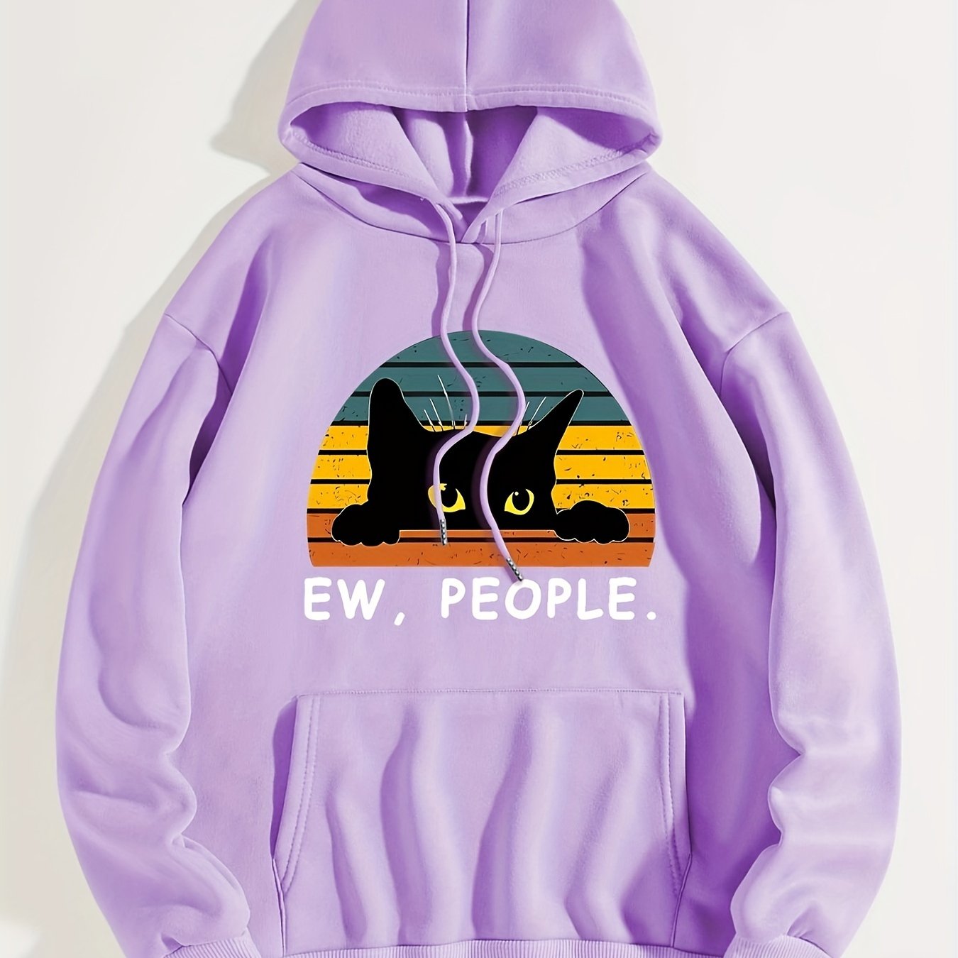 Cat Print Kangaroo Pocket Hoodie, Casual Long Sleeve Drawstring Hoodies Sweatshirt, Women's Clothing