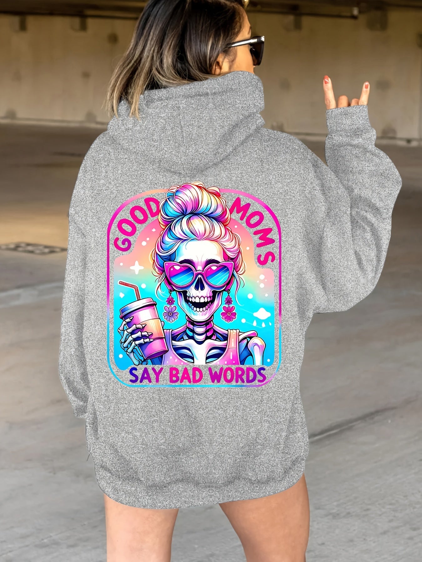 Plus Size Good Moms Say Bad Words Print Hoodie, Casual Kangaroo Pocket Drawstring Long Sleeve Hooded Sweatshirt, Women's Plus Size Clothing