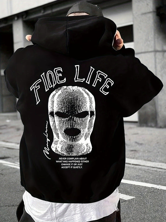 1pc Men'S Casual French Terry Hoodie with Geometric Mask Print, Non-Stretch Knit Fabric, Loose Fit Hooded Sweatshirt with Pocket