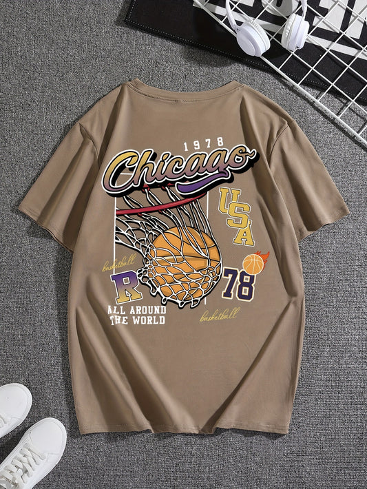 Basketball Themed Print Short Sleeve T-Shirt For Men, Summer Casual Athletic Crew Neck Top For Daily Wear