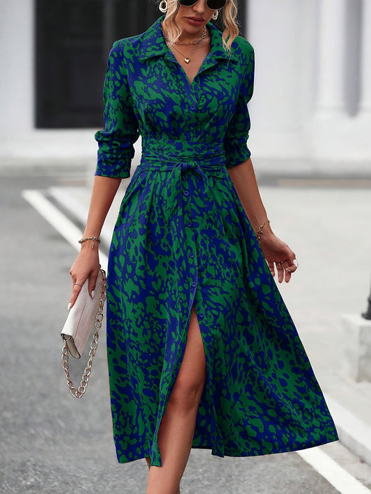 Elegant Geometric Print Shirt Dress with Tie-Waist Detail - Polyester Tunic Style Dress with Lapel Collar and Button Details for All-Season Wear