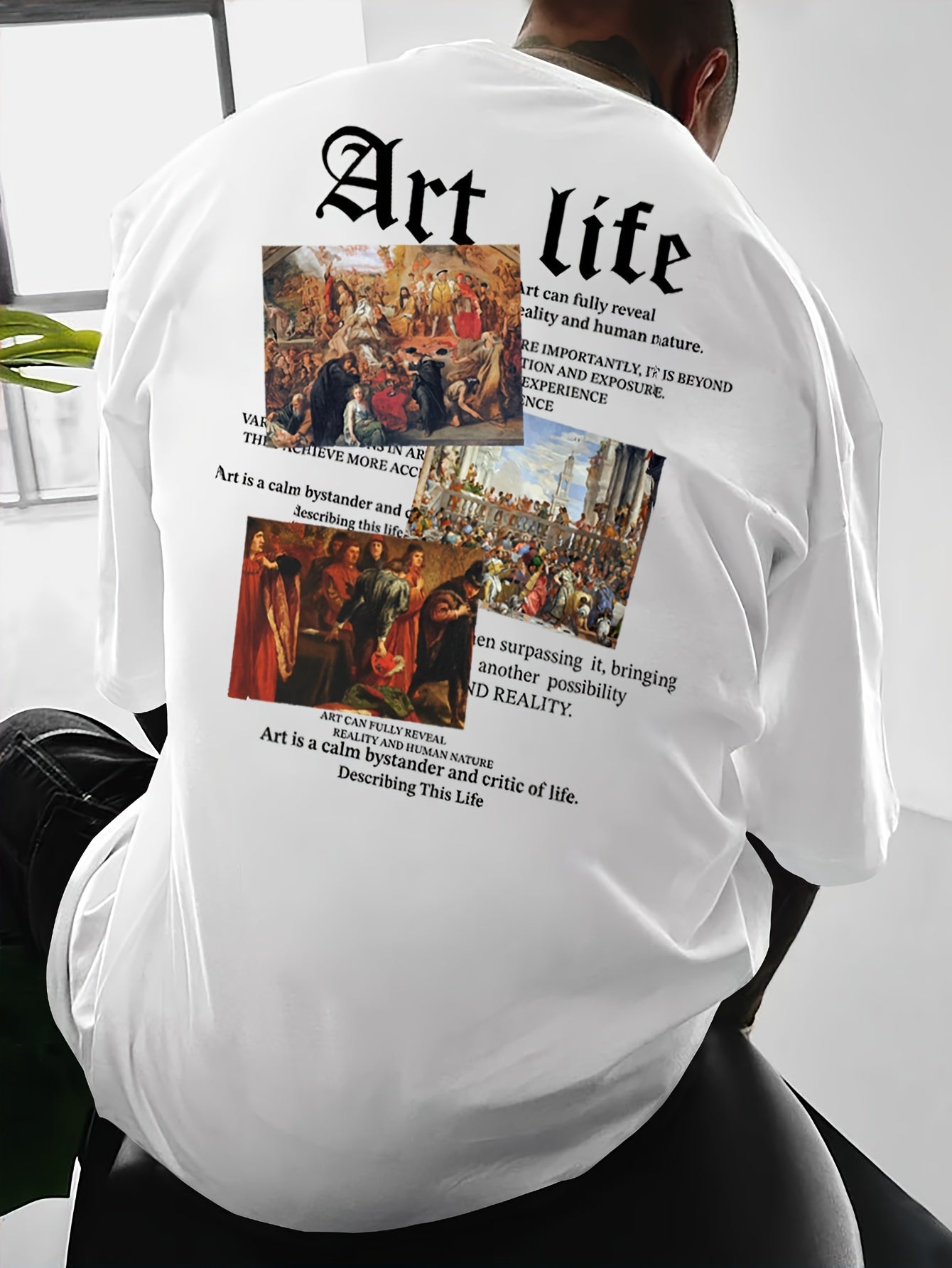 Men's Art Life Printed T-Shirt, Casual Loose Fit Round Neck Short Sleeve Tee, Polyester Blend, Vintage Oil Painting & Lettering Design, Summer Fashion Top for Men