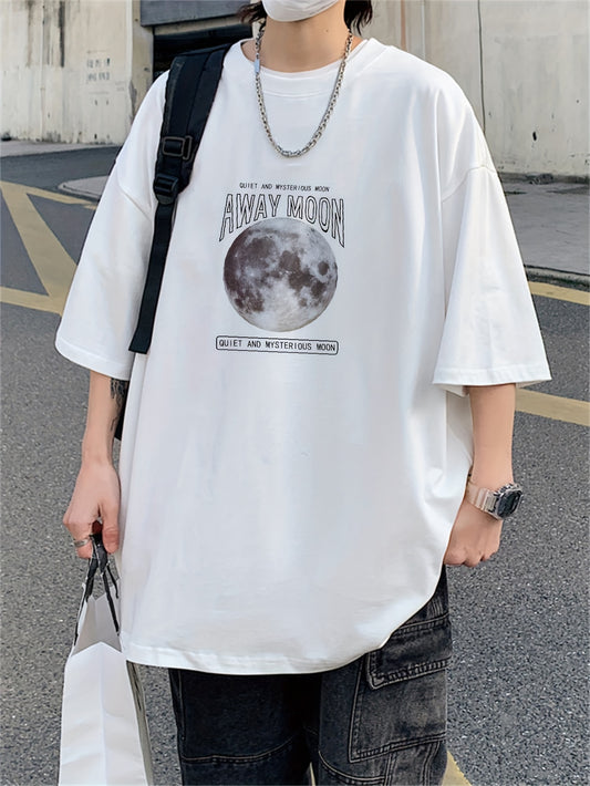Men's Loose 100% Cotton Moon Graphic Print T-shirt, Casual Short Sleeve Crew Neck Tee, Men's Clothing For Summer Outdoor