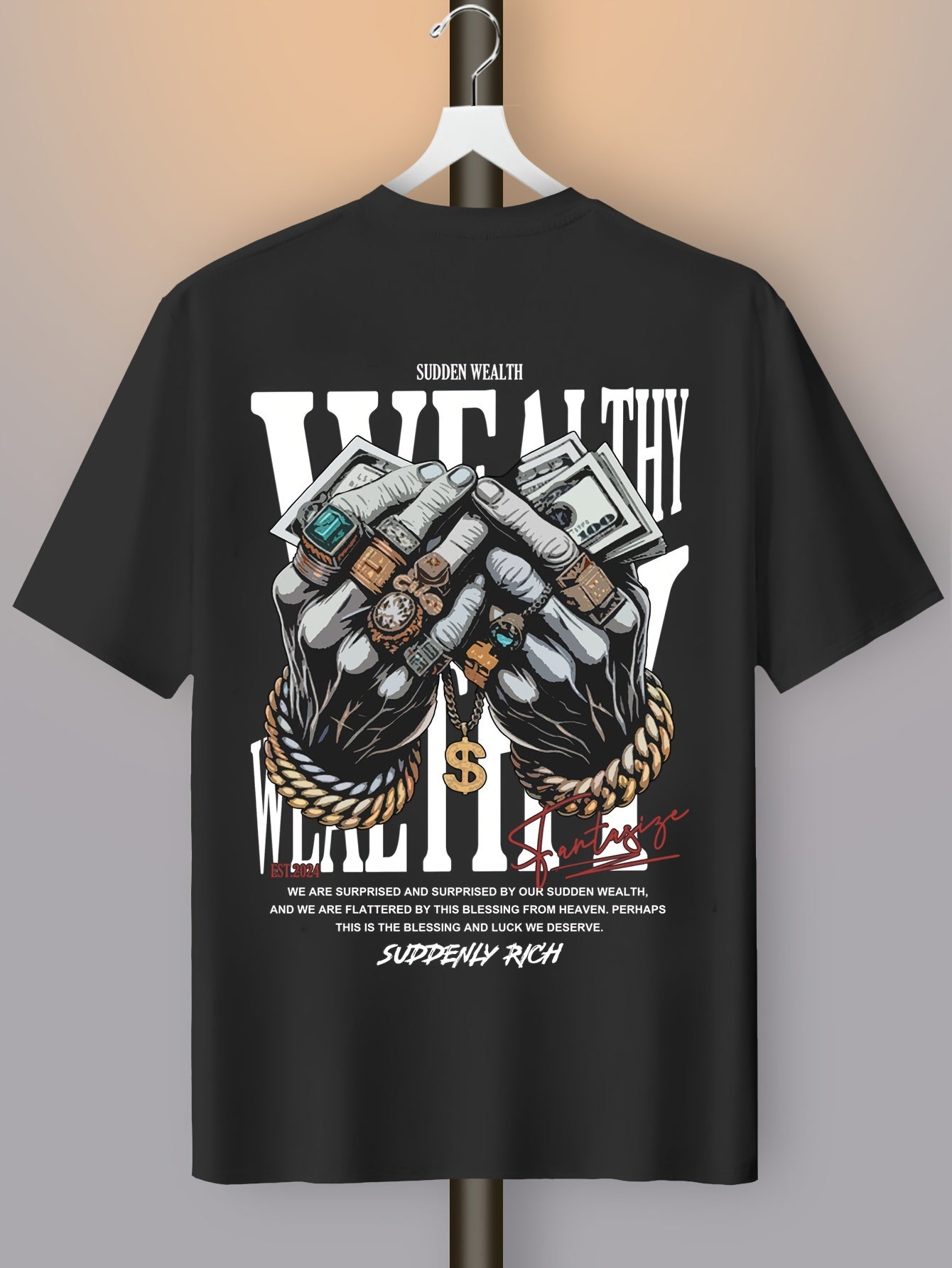 Men's Casual Graphic Tee with Unique Hand Jewelry Design - Soft Polyester Blend, Stretch Fit, Machine Washable - Perfect for Summer Outings