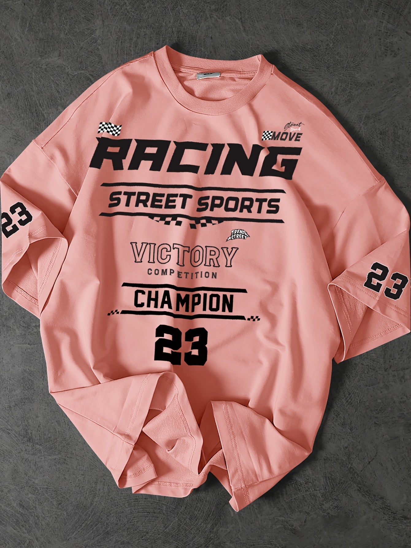 Men's Fashion Printed T-Shirt, Casual Loose Fit, Round Neck, Polyester, Summer, Street Racing Design, Number 23, Knit Fabric, Sporty Style