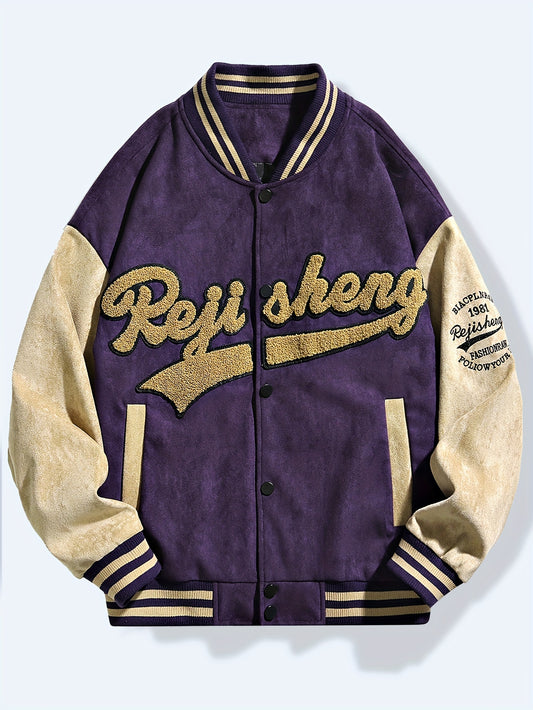 Alphabet Design Men's American Street Style Varsity Jacket, Casual Colorblock Snap Button Jacket, Fashion Collegiate Baseball Outerwear For Spring And Fall