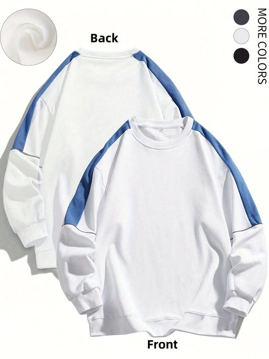 1pc Men'S Fashion Color Block Crew Neck Sweatshirt, Casual High-Weight Long Sleeve Pullover with Contrast Shoulder Sleeves, 100% Polyester Jersey Knit Fabric, Regular Fit