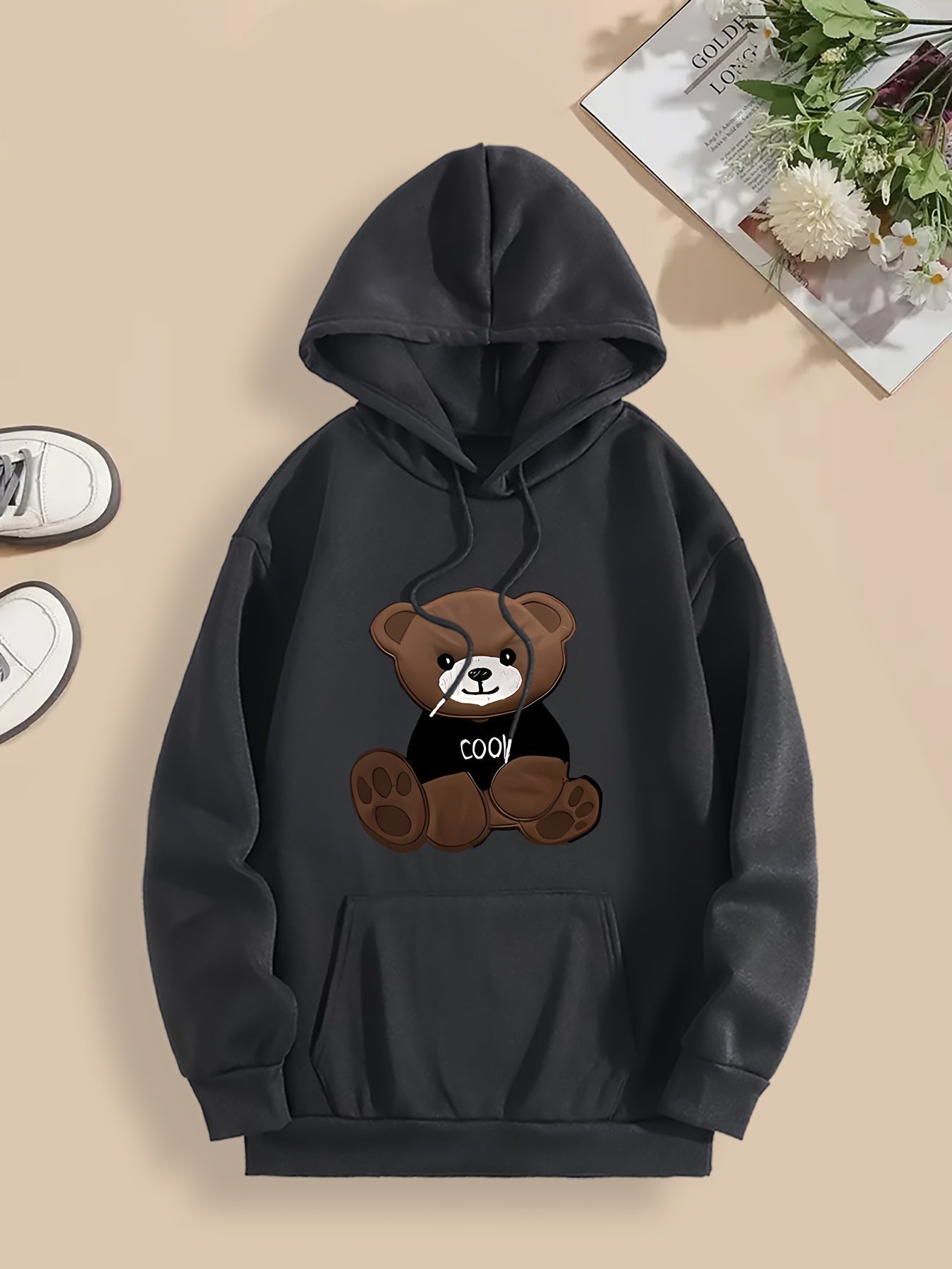 Women'S Cartoon Bear Print Hoodie, Soft Stretch Polyester Pullover with Pocket, Casual Regular Fit, All-Season Beachwear, Knitted with Hood, Autumn/Winter Fashion Sweatshirt