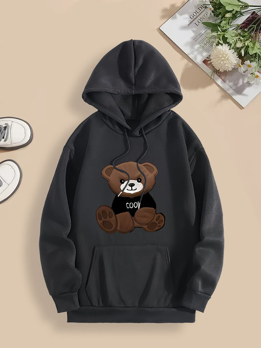 Women'S Cartoon Bear Print Hoodie, Soft Stretch Polyester Pullover with Pocket, Casual Regular Fit, All-Season Beachwear, Knitted with Hood, Autumn/Winter Fashion Sweatshirt