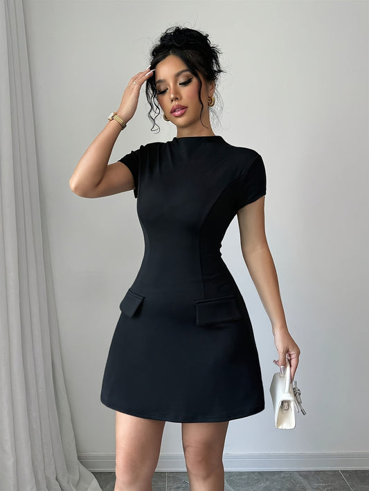 1pc Elegant Women'S Solid Color Stand Collar Short Sleeve Faux Pocket Minimalist Black Mini Dress - Polyester Knit Fabric, Summer A-Line Dress for Adults