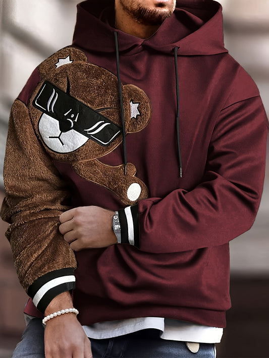 Men's Color Block Bruin Graphic Print Hoodie, Casual Long Sleeve Hooded Sweatshirt For Fall Winter Outdoor