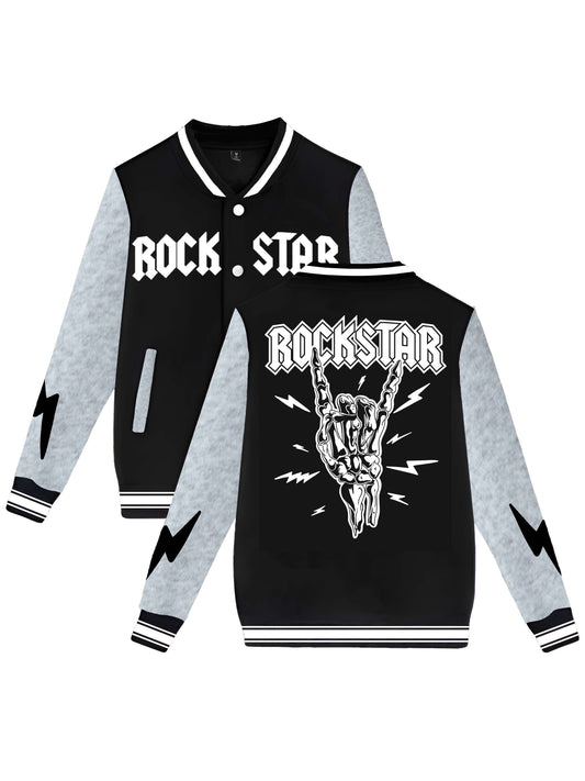 Men's Vintage Baseball Jacket With Rock Star Print - Color Block Sports Button Up With Pockets For Spring And Fall Outdoor Activities