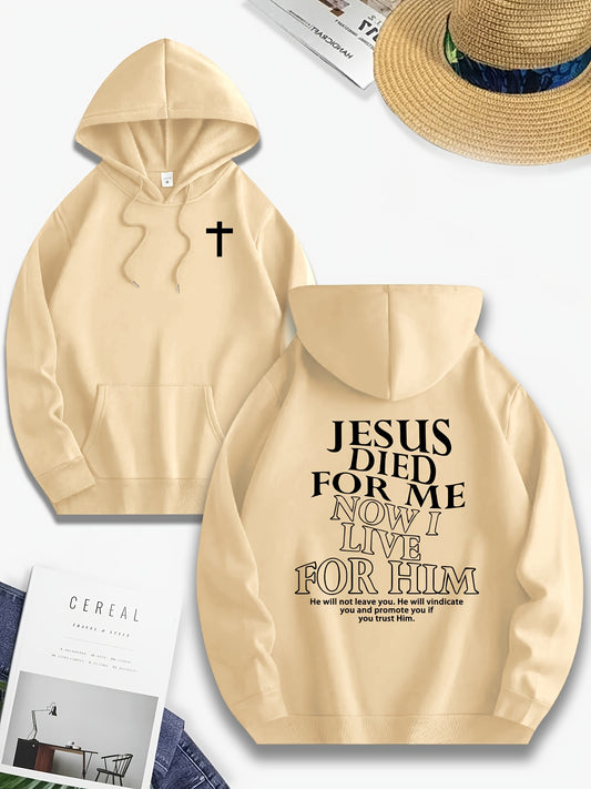 Jesus Died for Me, Now I Live for Him" Men's Casual Hoodie - Polyester, Geometric Print with Pockets, Knit Fabric