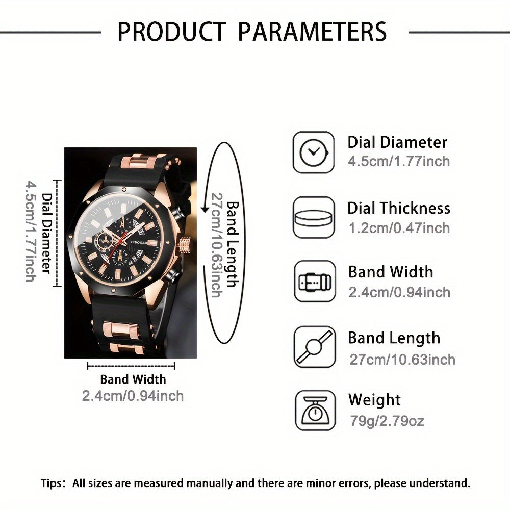 Fashion Men's Analog Quartz Watch, Leisure Sports Analog Digital Dial, Soft Silicone Strap, Calendar Display, Ideal Men's Valentine's Day, Father's Day, Homecoming Gifts -Eid Al-Adha [Middle East Orientation]