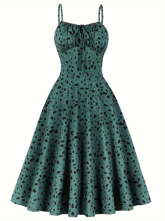 Vintage Style Polyester A-Line Dress with Ditsy Floral Pattern, Spaghetti Strap, and Faux Drawstring Detail for Women - Summer Party Cocktail Dress