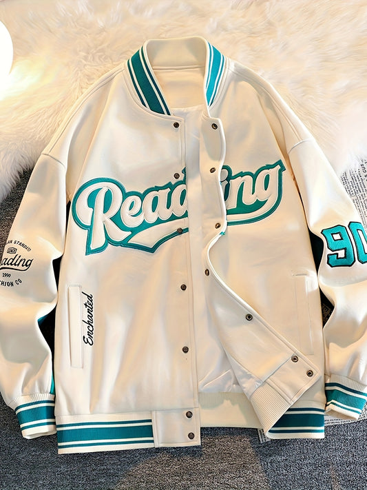 Men's Stylish Comfy Vintage Style Reading Pattern Baseball Jacket With Pockets, Casual Breathable Button Up Long Sleeve Warm Varsity Jacket For City Walk Street Hanging