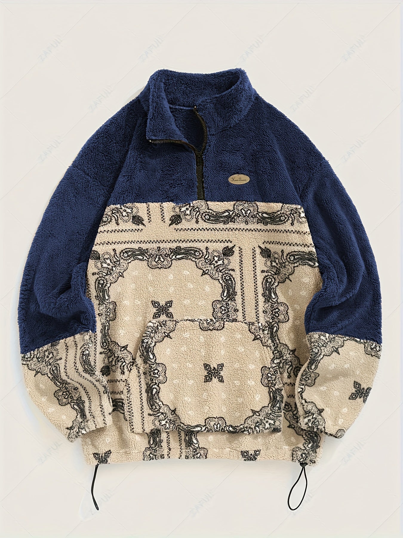 Men's Casual Paisley Pattern Stand Collar Jacket, 100% Polyester Knit Fabric with Medium Stretch, Loose Fit Zip-Up with Drawstring Hem, Long Sleeve Streetwear for Daily Commute and Winter Outings, Casual Winter Jacket|Trendy