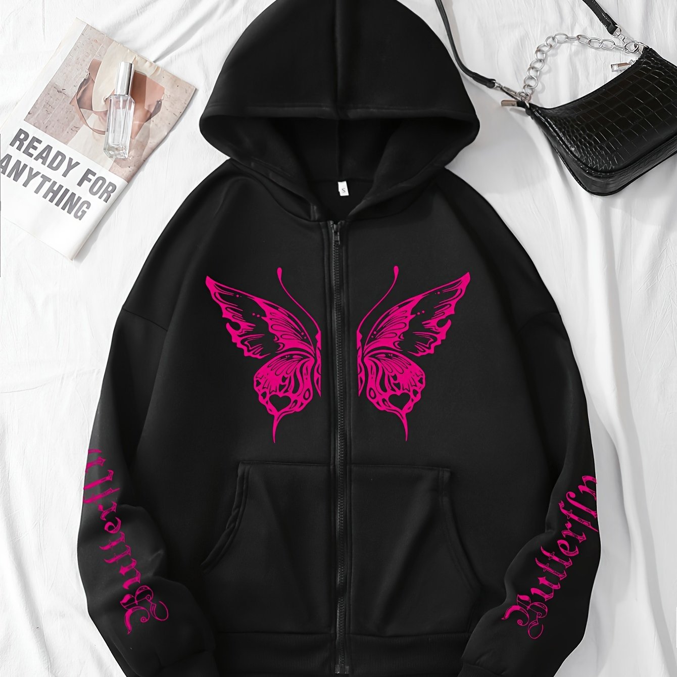 Butterfly Print Fleece Lined Sports Hooded Jacket, Long Sleeves Zipper Front Drawstring Casual Coat, Women's Activewear