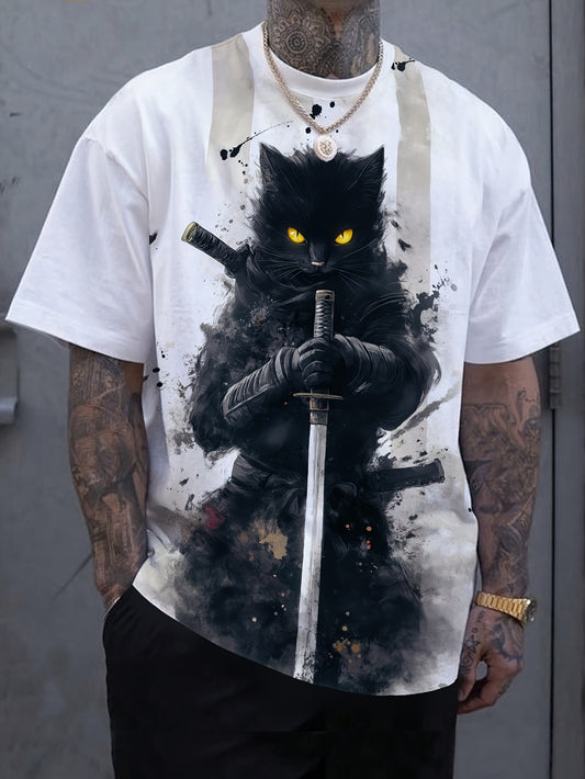 1pc Men'S Samurai Cat Print T-Shirt - Casual Crew Neck, Polyester Knit Fabric with Slight Stretch, Summer Fashion Top with Eye-Catching Visual Effect