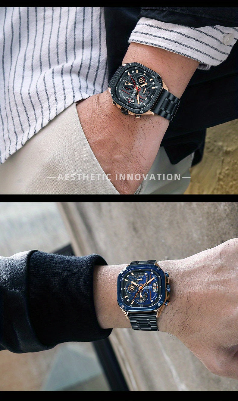 MEGIR Black Quartz Watch Men Square Dial Wristwatch with Chronograph Stainless Steel Strap Luminous Hands Auto Date
