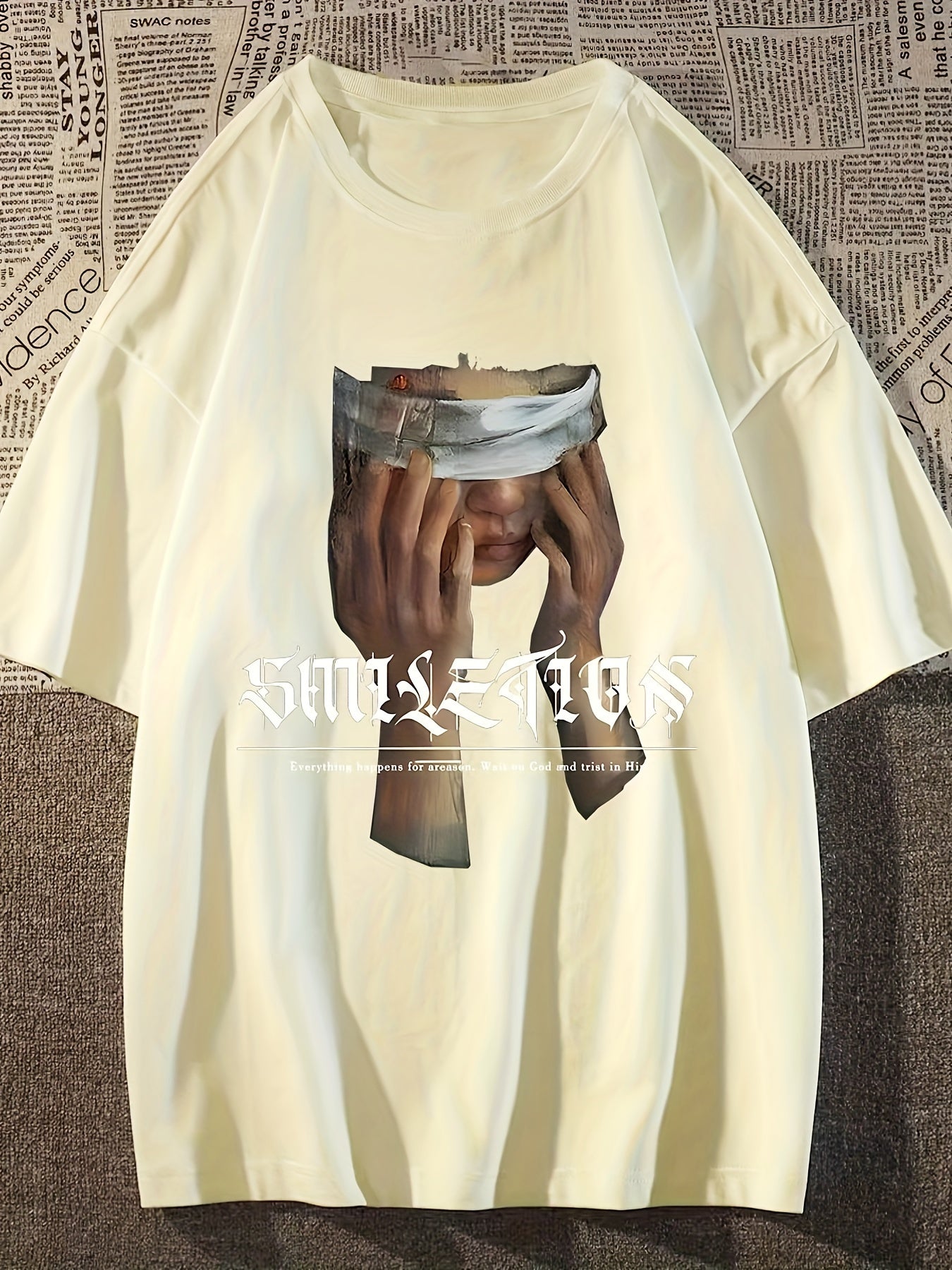Men's Vintage-Inspired Cotton T-Shirt with Unique Print - Loose Fit, Drop Shoulder Design, Round Neck, Non-Transparent - Perfect for Summer