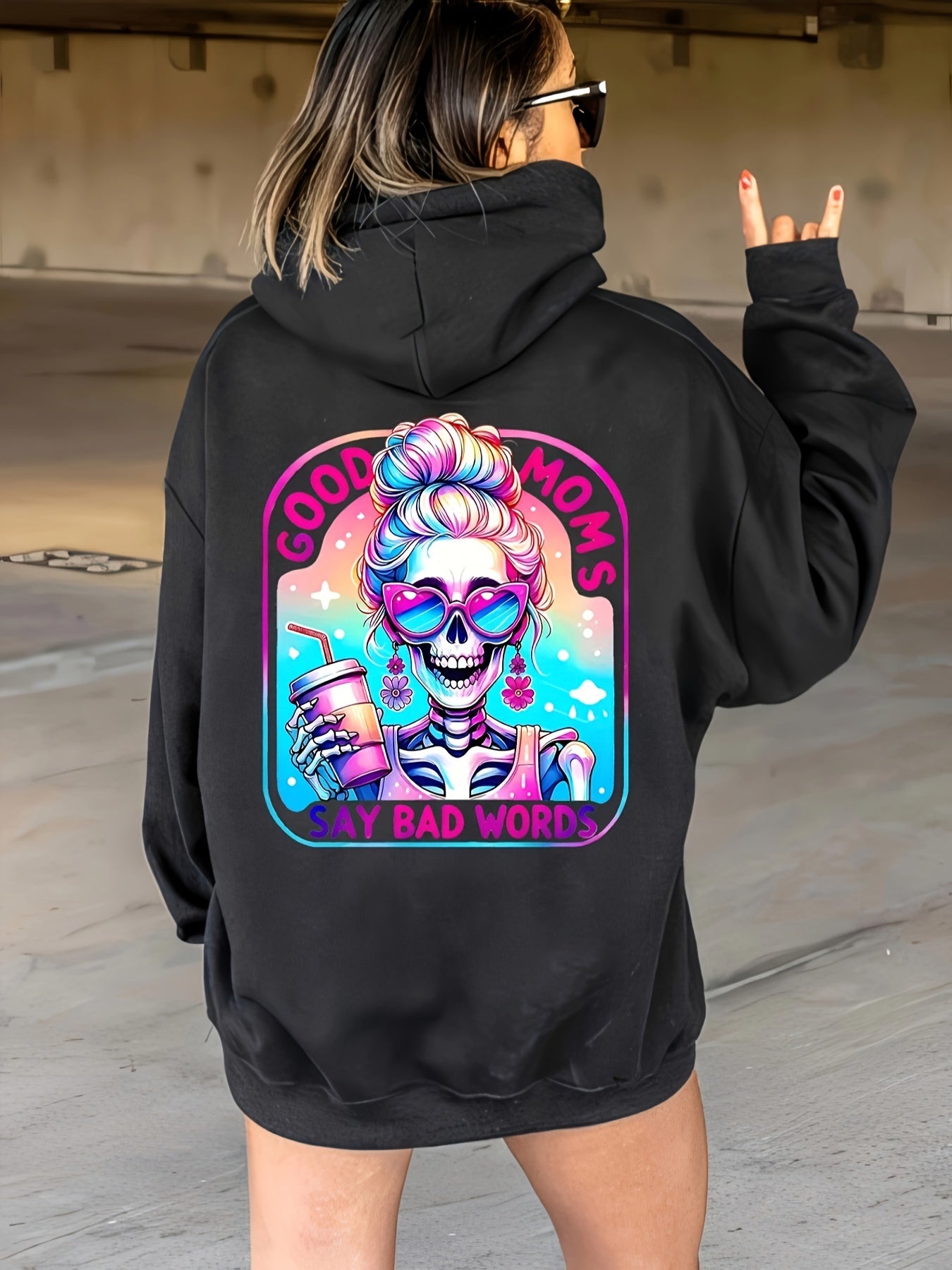 Plus Size Good Moms Say Bad Words Print Hoodie, Casual Kangaroo Pocket Drawstring Long Sleeve Hooded Sweatshirt, Women's Plus Size Clothing