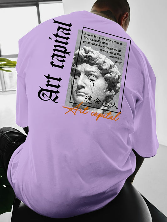 Men's Casual David Statue & Letter Print T-Shirt - Loose Fit, Round Neck, Short Sleeve, Polyester - Street Style Summer Tee
