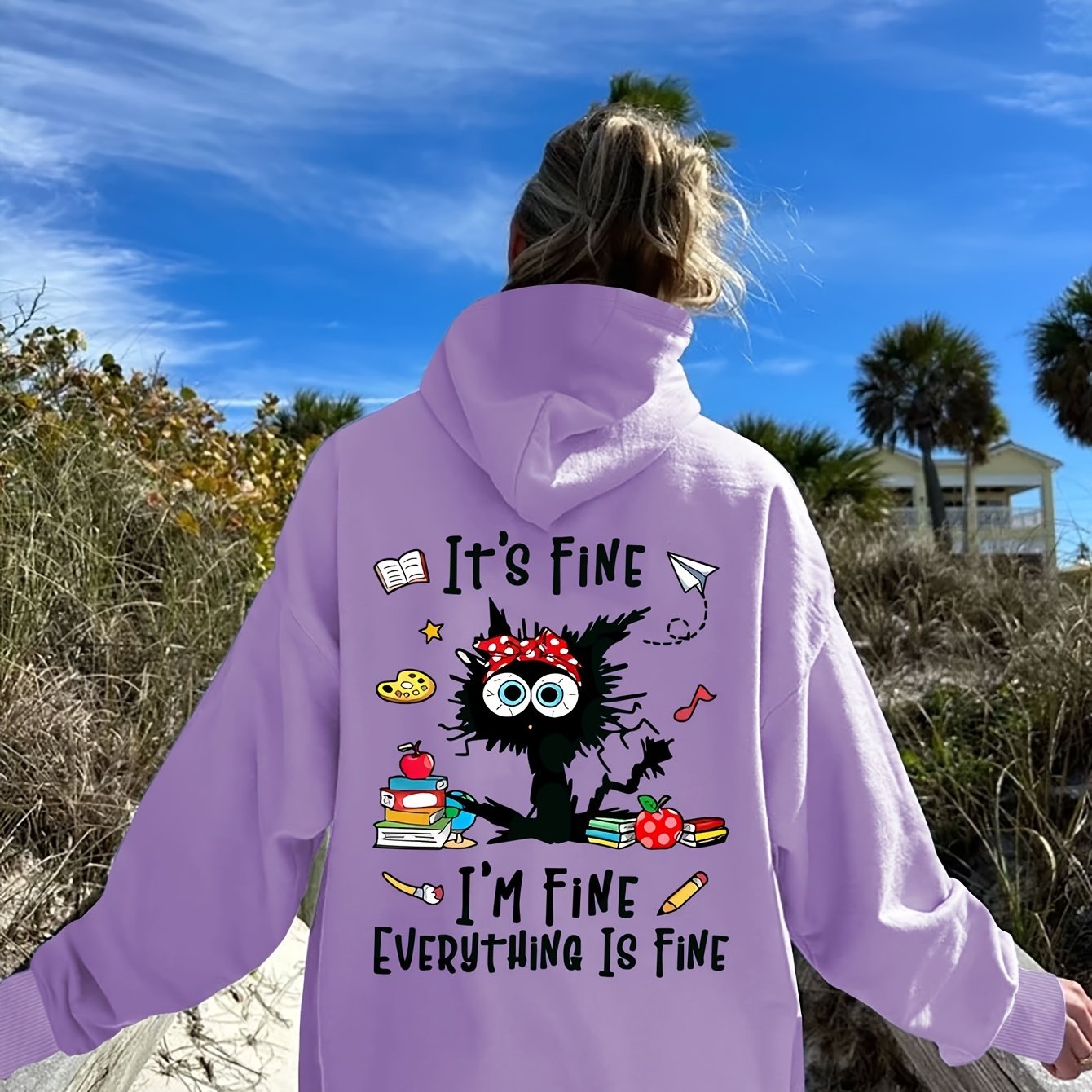 Cozy Cat & Letter Print Hoodie for Women - Casual Pullover with Kangaroo Pocket, Soft Stretch Polyester, Perfect for Fall/Winter