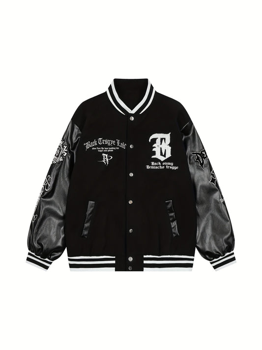 BEMCSHO Men's Casual Baseball Jacket Polyester - Letter Embroidered Geometric-Pattern PU Leather Sleeve Fall/Winter Varsity Jacket with Baseball Collar, Slight Stretch, Regular Fit