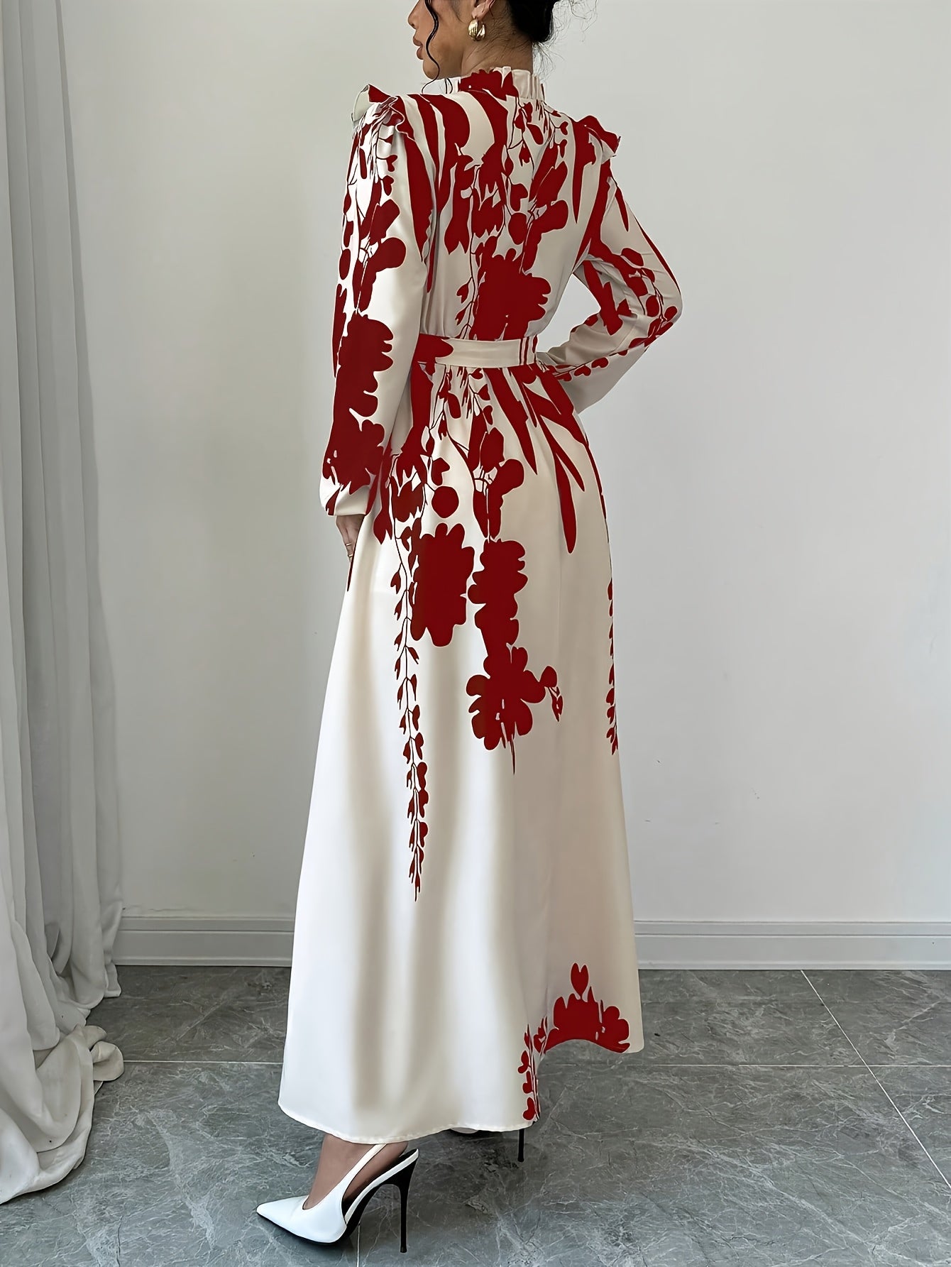 [1pc Floral Print A-Line Dress] 1pc Women'S Floral Print A-Line Dress with Waist Cinching, Polyester Fiber, Classic Collar, Autumn/Winter Season, 120g/m² Fabric Weight, 50g/m² Lining