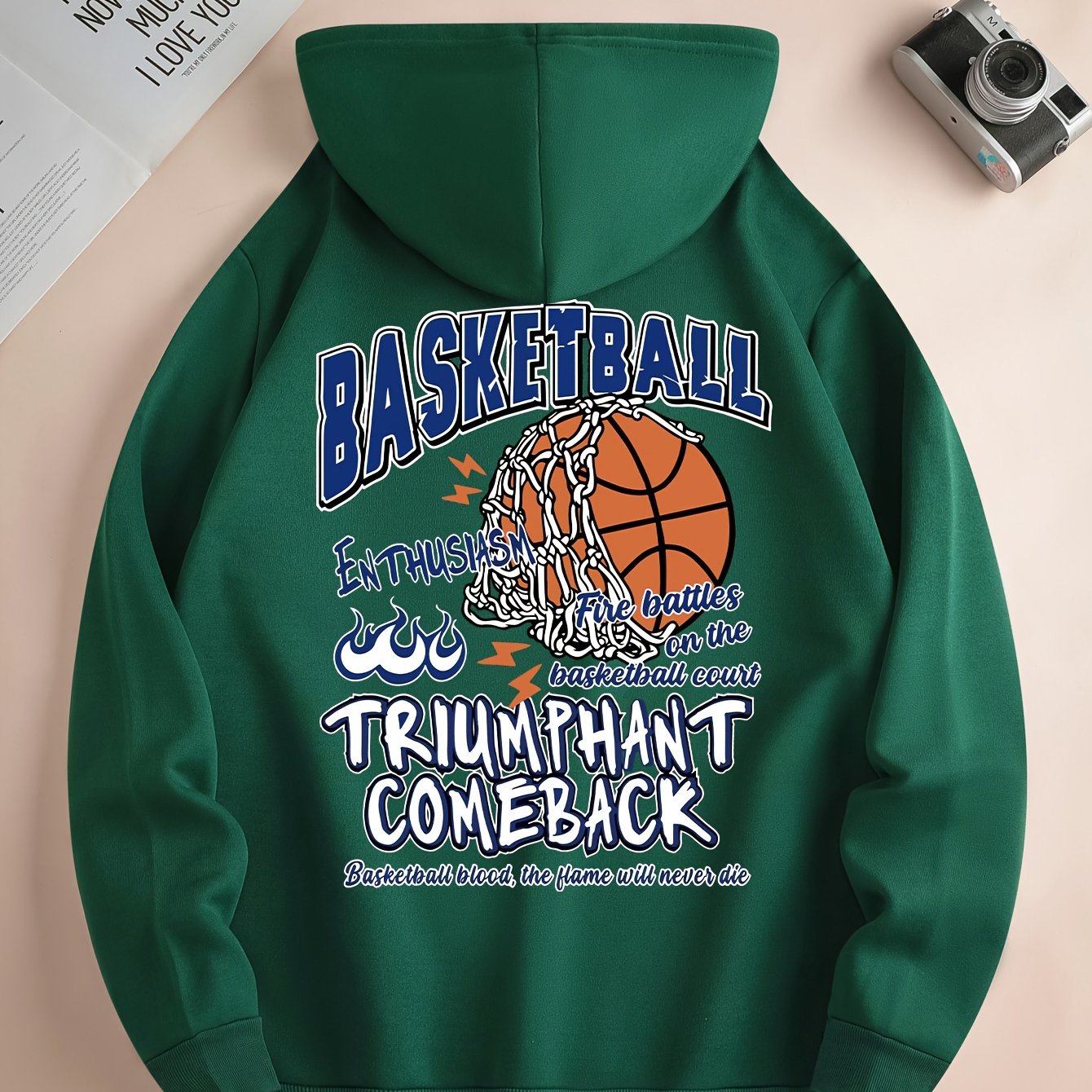 Basketball Print Kangaroo Pocket Hoodie, Casual Long Sleeve Hoodies Sweatshirt, Men's Clothing, For Fall Winter