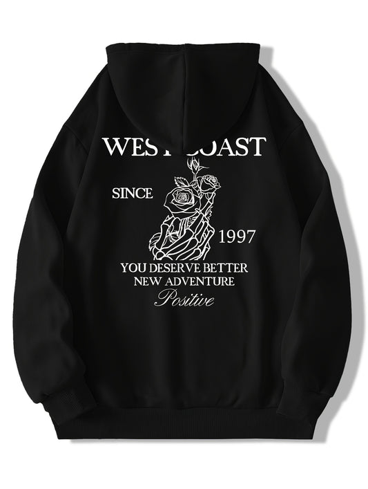 WEST COAST Print Hoodies For Men, Graphic Hoodie With Kangaroo Pocket, Comfy Loose Trendy Hooded Pullover, Mens Clothing For Autumn Winter