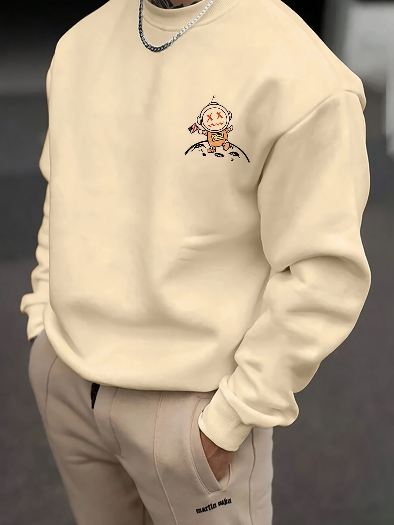 Men's Astronaut Cartoon Print Round Neck Hoodie - Bull King