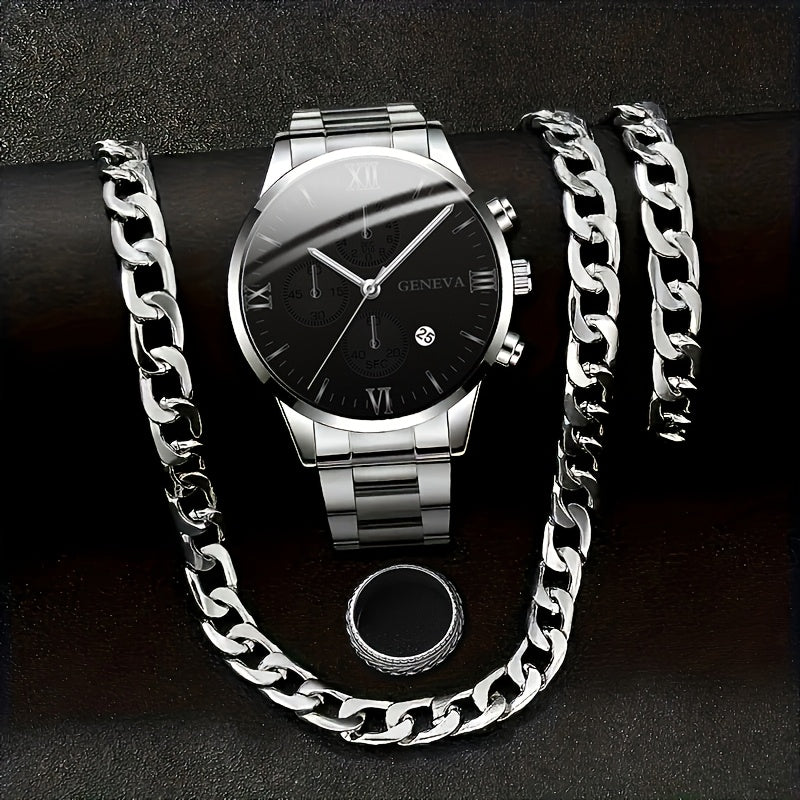 Luxury Gift Set For Men: Stainless Steel Quartz Watch With Calendar, Silvery Bracelet Necklace Ring - Perfect Accessories For Business And Leisure