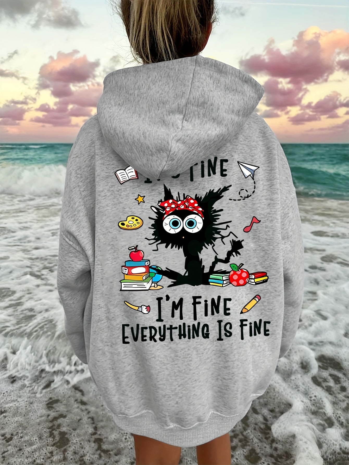 Cozy Cat & Letter Print Hoodie for Women - Casual Pullover with Kangaroo Pocket, Soft Stretch Polyester, Perfect for Fall/Winter