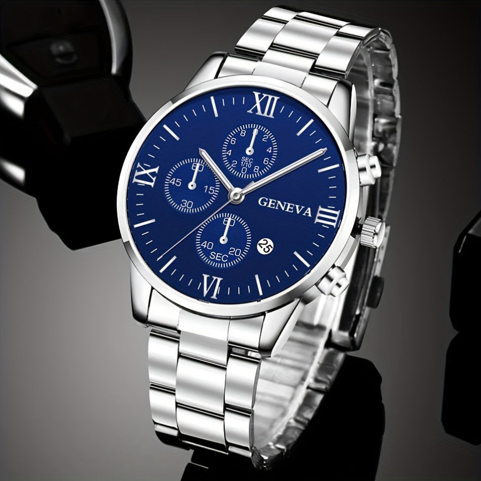 Luxury Gift Set For Men: Stainless Steel Quartz Watch With Calendar, Silvery Bracelet Necklace Ring - Perfect Accessories For Business And Leisure