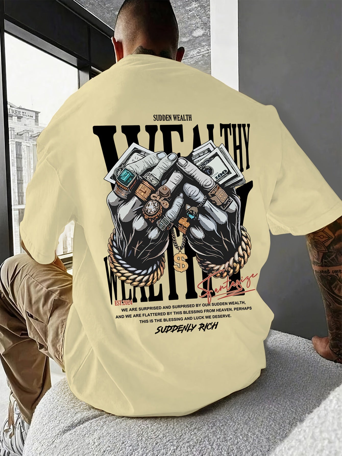 Men's Casual Graphic Tee with Unique Hand Jewelry Design - Soft Polyester Blend, Stretch Fit, Machine Washable - Perfect for Summer Outings