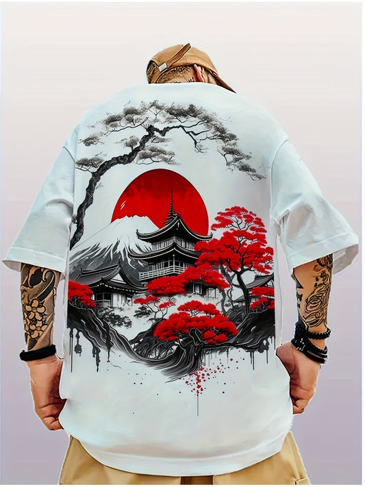 Men'S Japanese-Inspired 3D Plum Blossom Print T-Shirt, Casual Crew Neck Short Sleeve Top, 100% Polyester Knit Fabric, All-Season Regular Fit Tee for Daily & Weekend Wear