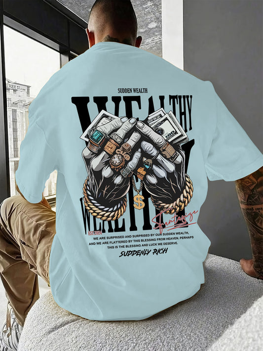 Men's Casual Graphic Tee with Unique Hand Jewelry Design - Soft Polyester Blend, Stretch Fit, Machine Washable - Perfect for Summer Outings