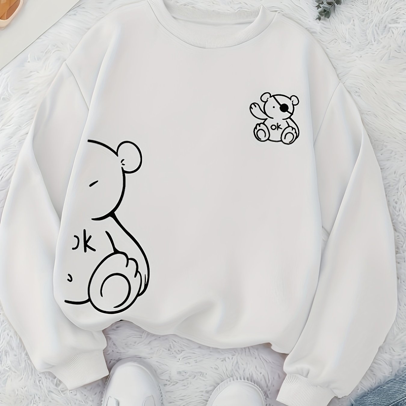 Cuddle-Ready, Women's Cute Pirate Bear Print Crew Neck Sweatshirt - Cozy Polyester, Machine Washable, Non-Sheer, Knit Fabric, Perfect for Fall & Winter - Casual Long Sleeve Pullover