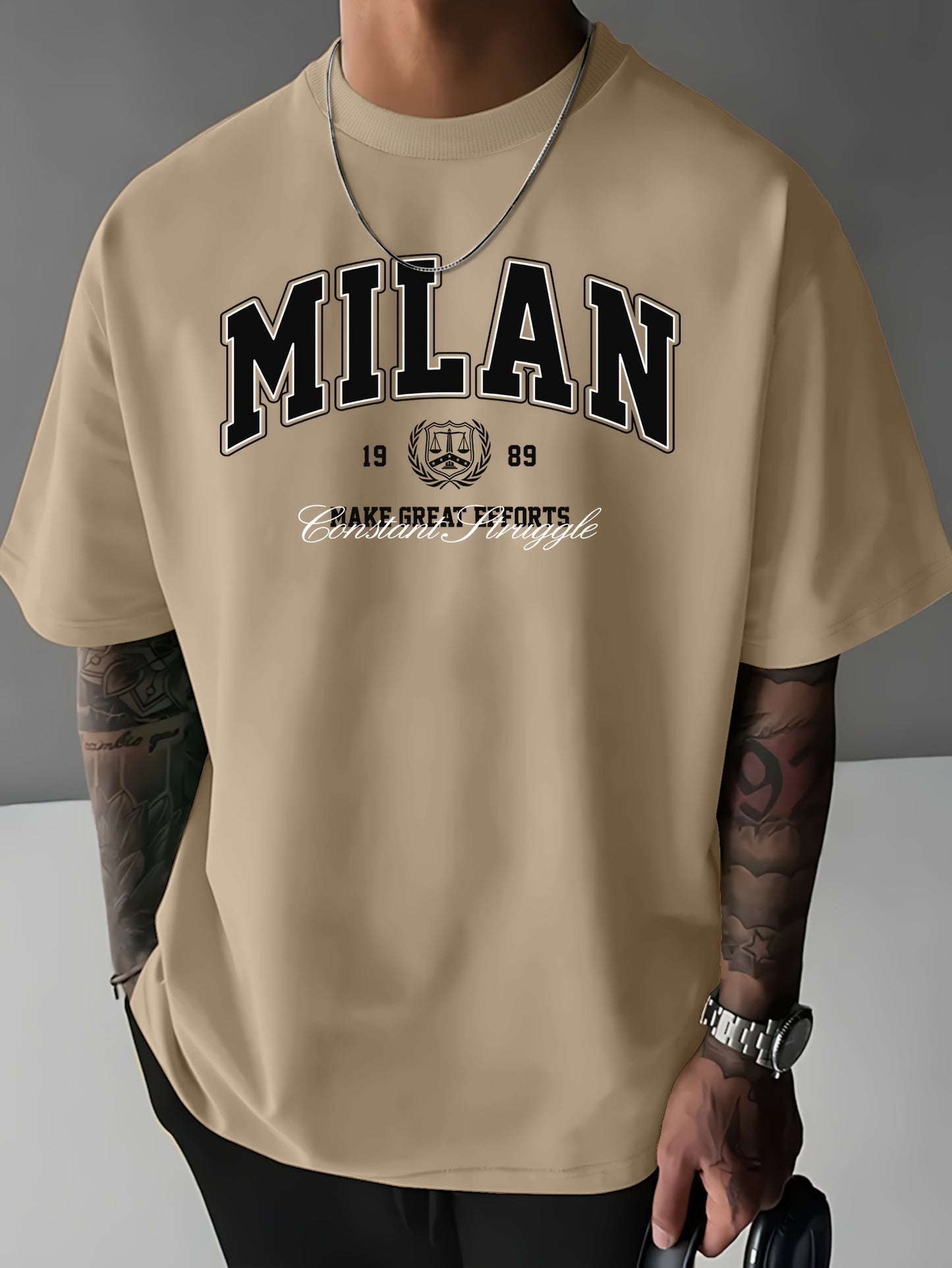 MILAN 1989 Graphic Print T-Shirt for Men - 100% Polyester Street Style Tee with Crew Neck, Slight Stretch Fabric, Casual Loose Fit Short Sleeve Top for Summer, Knit Weave