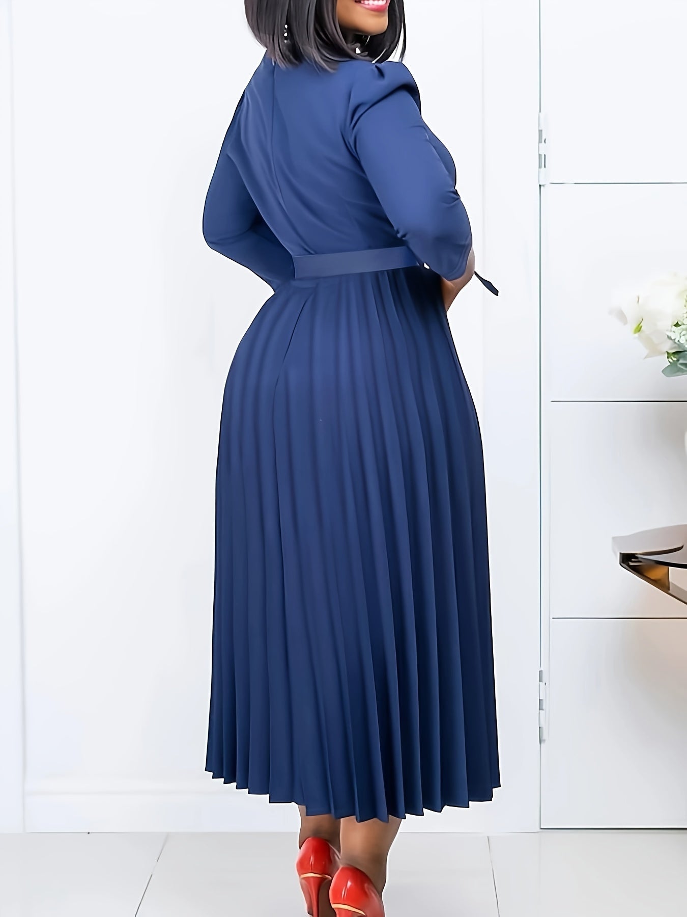 Elegant Solid Color V-Neck Pleated Dress with Belt - 3/4 Sleeve, Stretch Fabric, Machine Washable - Perfect for Spring/Summer/Fall