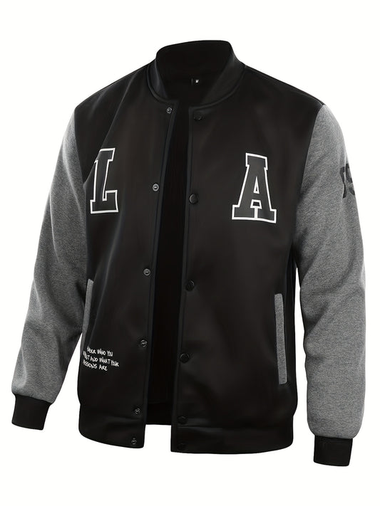 Los Angeles Letterman Jacket - Men's Casual Baseball Collar Sweatshirt, Spring/Fall Season, Polyester Material, College Style, Button Detail, Regular Fit, Knit Fabric, WWTCSY Brand