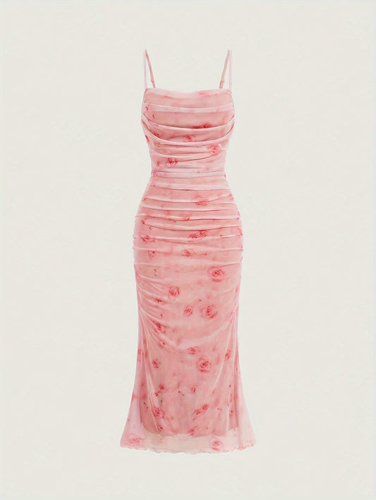 Floral Print Spaghetti Suspender Dress, Elegant Sleeveless Ruched Bodycon Cami Dress for Spring & Summer, Women's Clothing