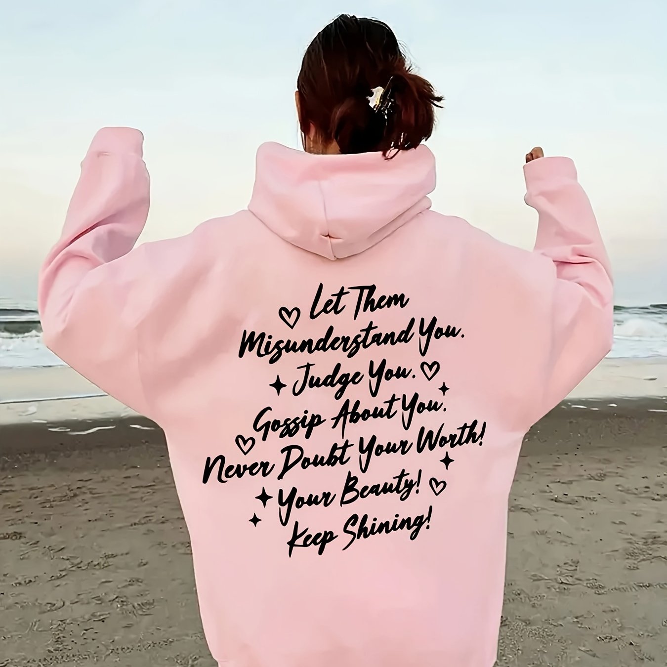 Chic Love Print Hoodie for Women - Casual Pullover with Embossed Detail, Soft Stretch Polyester, Long Sleeve Design - Perfect for Fall/Winter
