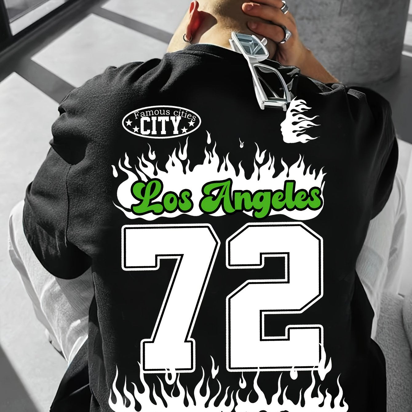 Los Angeles 72 Bold Flame Print Crew Neck T-Shirt Street Style – 100% Polyester Knit Fabric with Slight Stretch, Alphabet Pattern, Summer Regular Fit Adult Tee