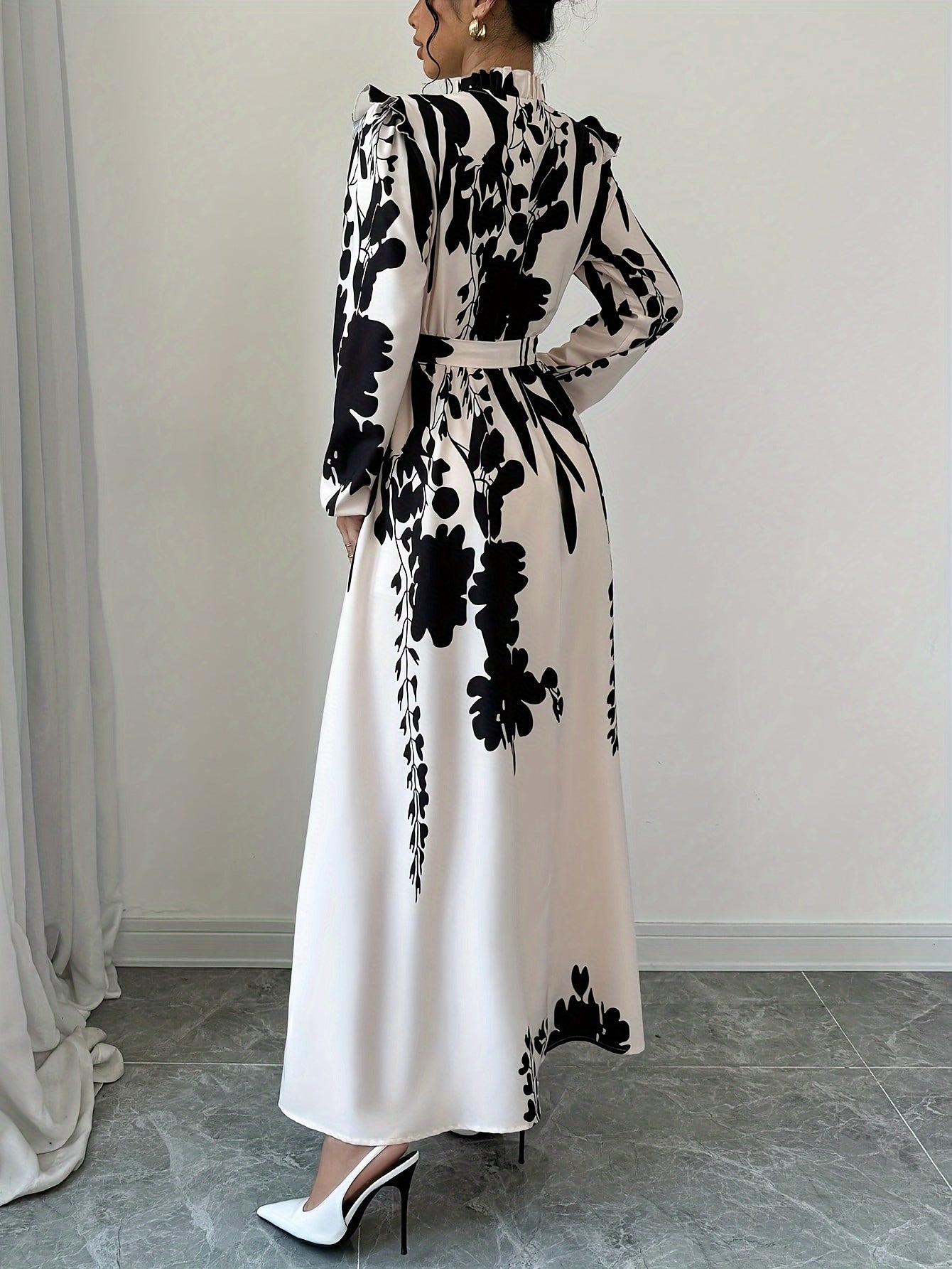 [1pc Floral Print A-Line Dress] 1pc Women'S Floral Print A-Line Dress with Waist Cinching, Polyester Fiber, Classic Collar, Autumn/Winter Season, 120g/m² Fabric Weight, 50g/m² Lining