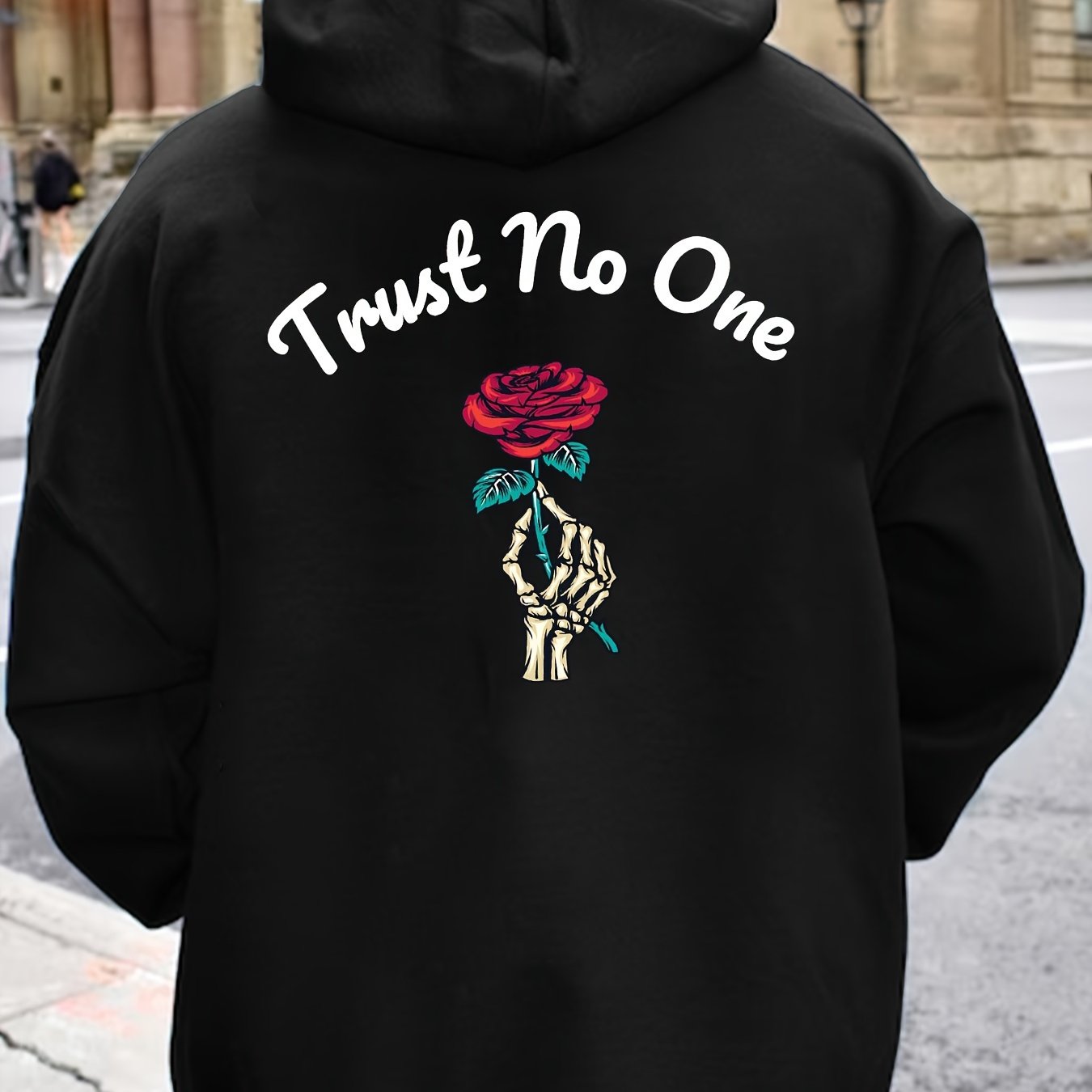 Rose Print Kangaroo Pocket Hoodie, Casual Long Sleeve Hoodies Pullover Sweatshirt, Men's Clothing, For Fall Winter