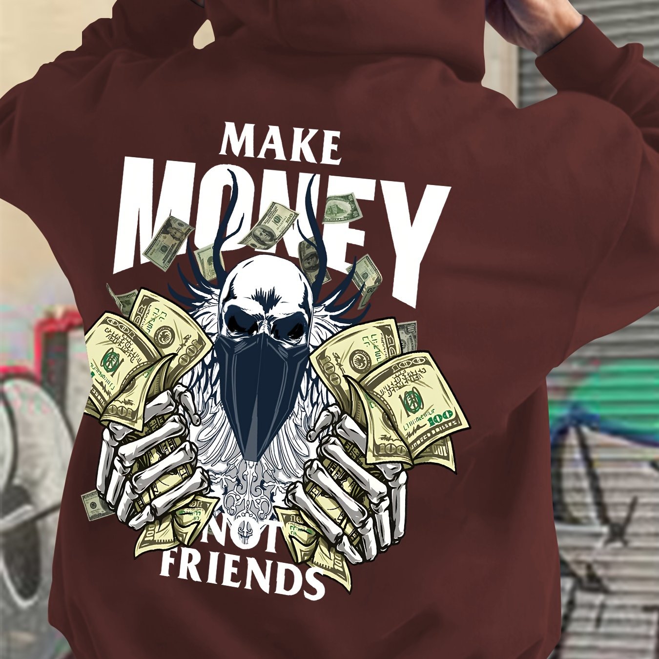 MAKE MONEY NOT FRIENDS Print Kangaroo Pocket Hoodie, Casual Long Sleeve Hoodies Pullover Sweatshirt, Men's Clothing, For Fall Winter