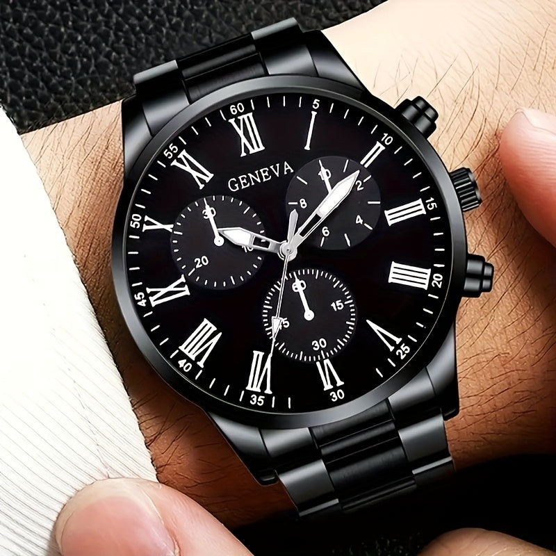 Men's 8pcs luxury gift set: stainless steel quartz watch with calendar, Golden arrow necklace, bracelet and ring - perfect business casual accessories for Valentine's Day, New Year, Easter, Ramadan, birthday, Christmas, Hallo